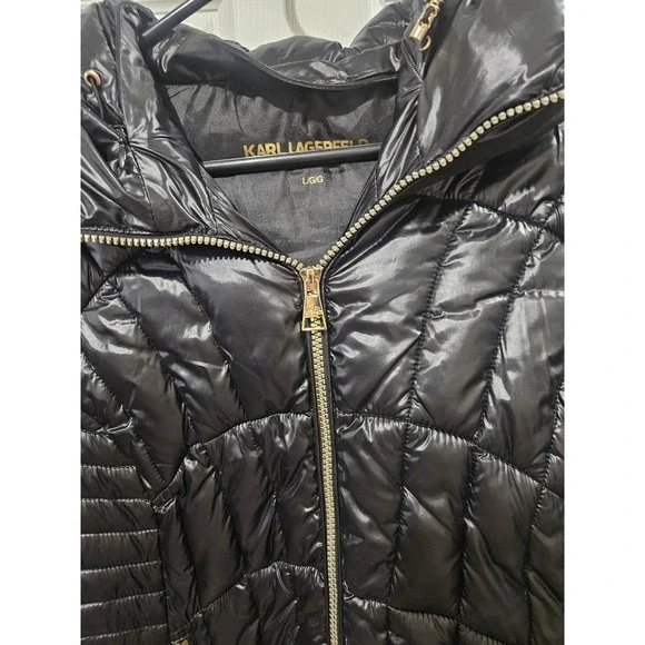 Karl Lagerfeld Paris Womens Black Quilted Puffer Jacket Gold Hardware Large - Picture 4 of 6